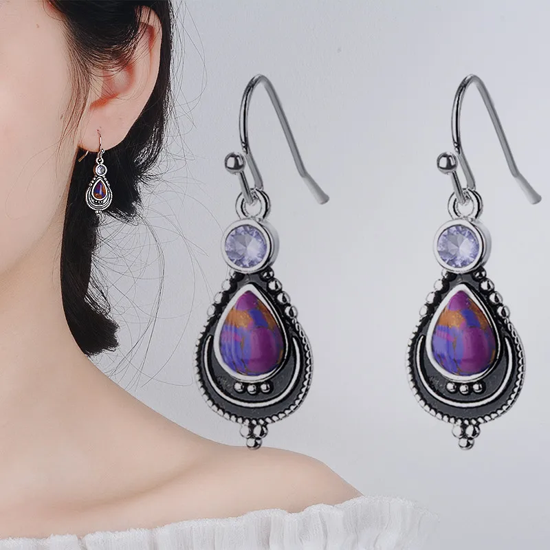 

Vintage Fashion Women's 925 Sliver Jewelry Amethyst Earrings Purple Pine Stone Drop Earrings Ear Accessoires Hot Sales 2021