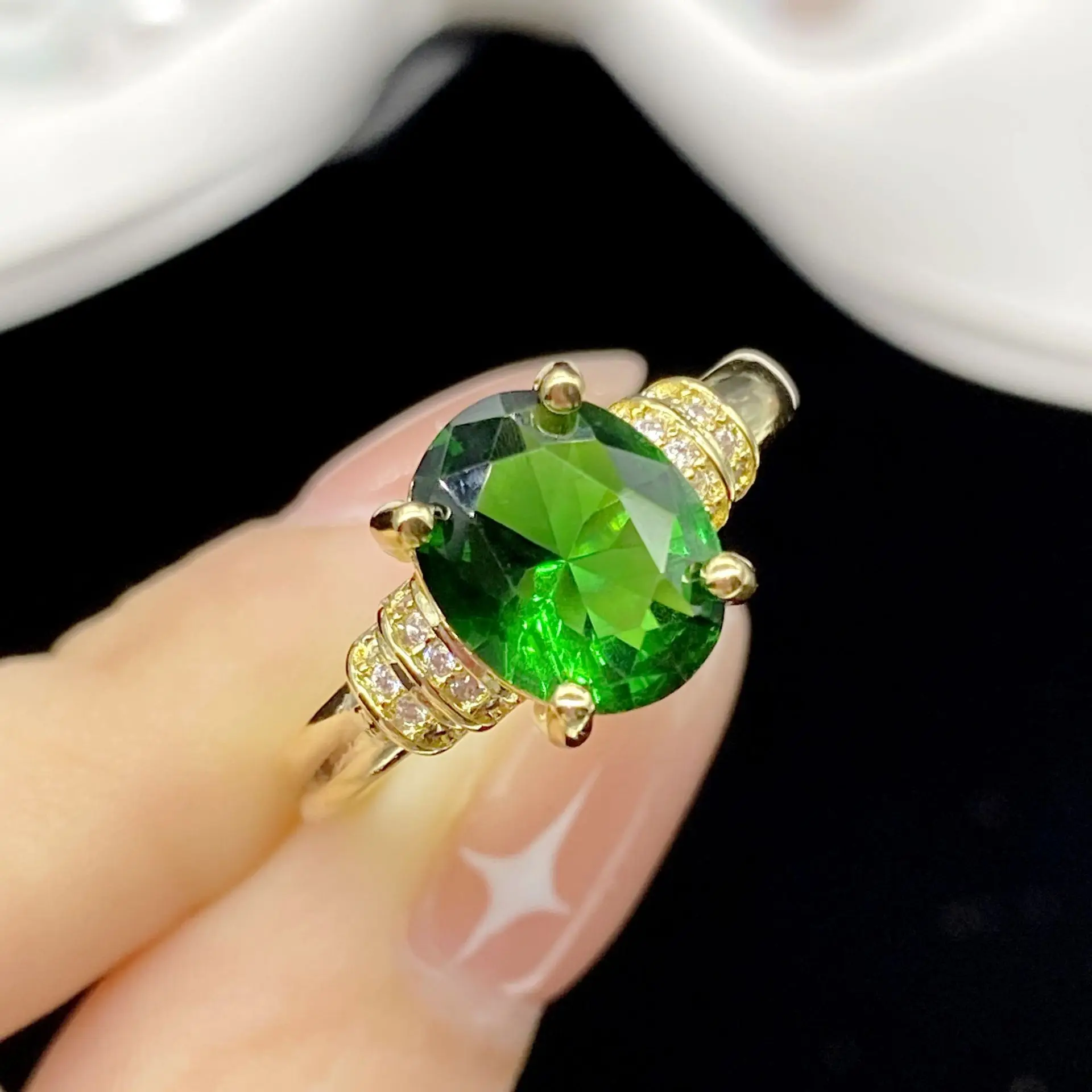 

2021 Silver New Light Luxury Fashion Temperament Gold-plated Inlaid Zircon Emerald Tourmaline Adjustable Ring Women Fine Jewelry