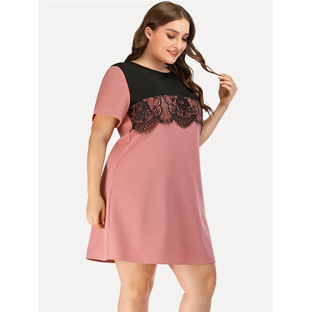 

2021 Fashion Summer Women Short Mini Dress Plus Size Loose Casual Short Sleeve Vestido Lace Patchwork O-neck A-line High Wasit