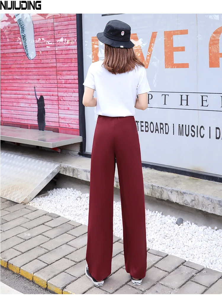 

NIJIUDING Womem Wide Leg Pants 2020 Spring Summer Female Elegant Loose Chiffon Straight Pant Long Trousers Office Lady Pantalon