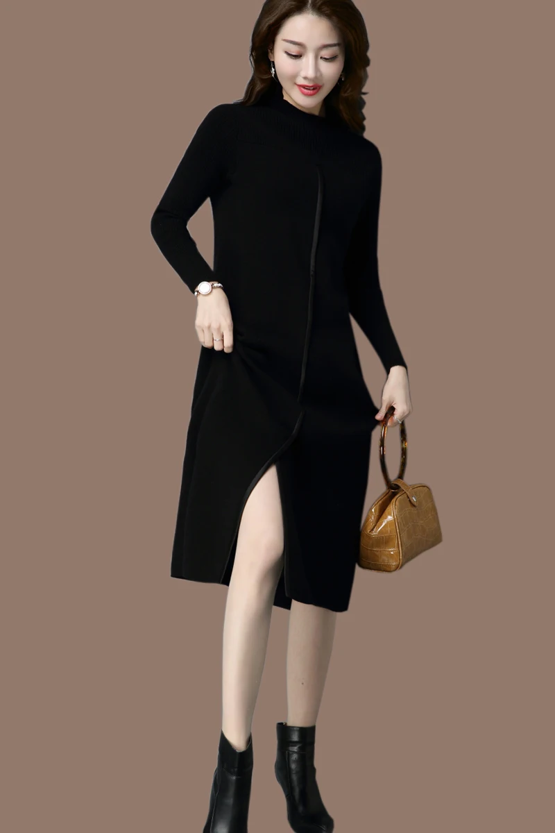 Осеннее женское платье большого размера шерстяное трикотажное с длинным рукавом