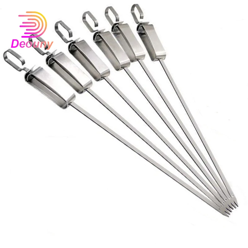 

DEOUNY 6/10 Pcs Stainless Steel Widen Barbecue Needle Movable Handle Sticks Fork Grilled Meat Lamb Skewers Sign Outdoor BBQ Tool