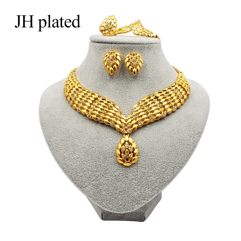 JHplated нигерийский Дубай Модный золотой цвет Ювелирные наборы африканские свадебные подарки вечерние женские украшение колье серьги кольцо