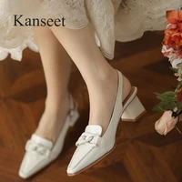 kanseet summer genuine leather thick heels women sandals 2021 new party dress office lady buckle strap square toe female shoes
