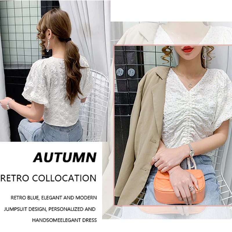 

Blouse Women Korean Fashion Chiffon Clothing Print Shirts Blouses Fall Female Long Puff Sleeve Sweet Crop Tops Floral Top Women