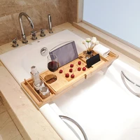 bamboo extension antiskid bathroom multipurpose extendable bathtub caddy organizer nonslip bathtub tray shelf book wine tablet