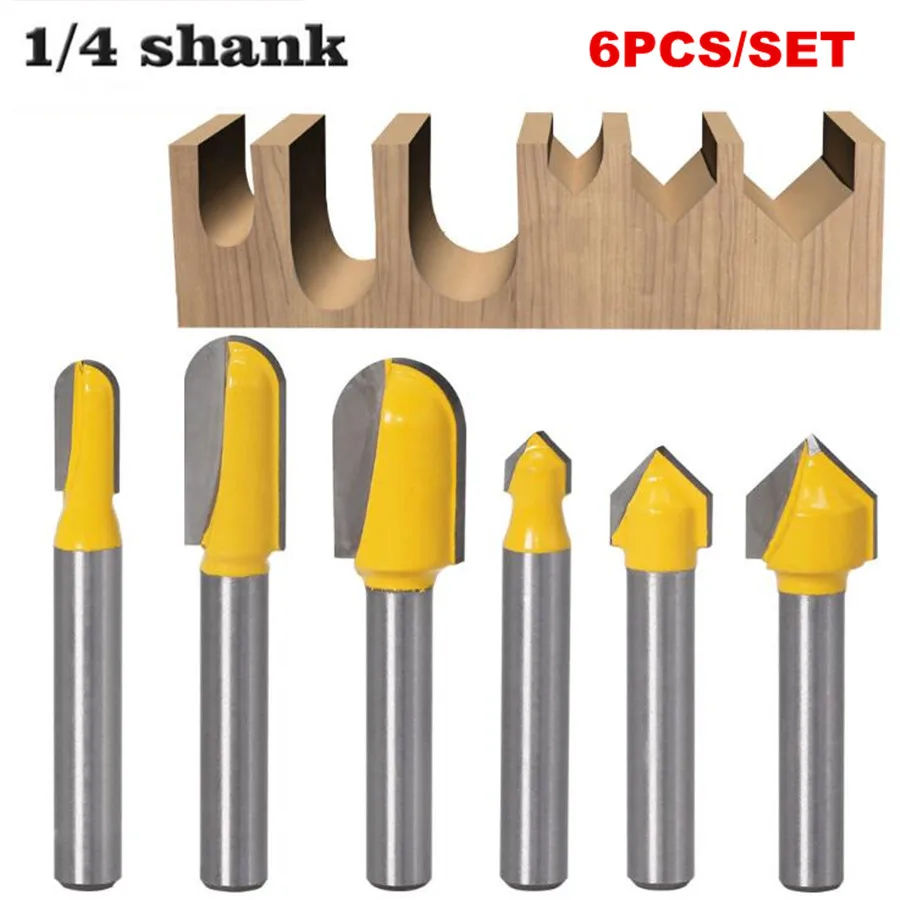 1 6 шт. Набор бит для фрезерного станка 1/4 дюйма с хвостовиком Коронка носовые