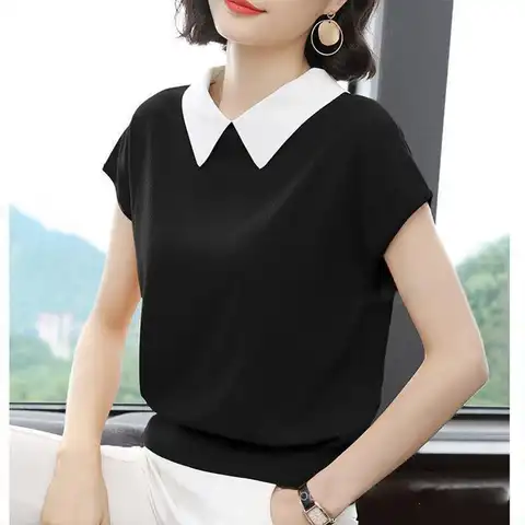 Блузка женская с воротником Питер Пэн, однотонная кружевная элегантная рубашка из шелка, с короткими рукавами, в Корейском стиле, весна-лето...