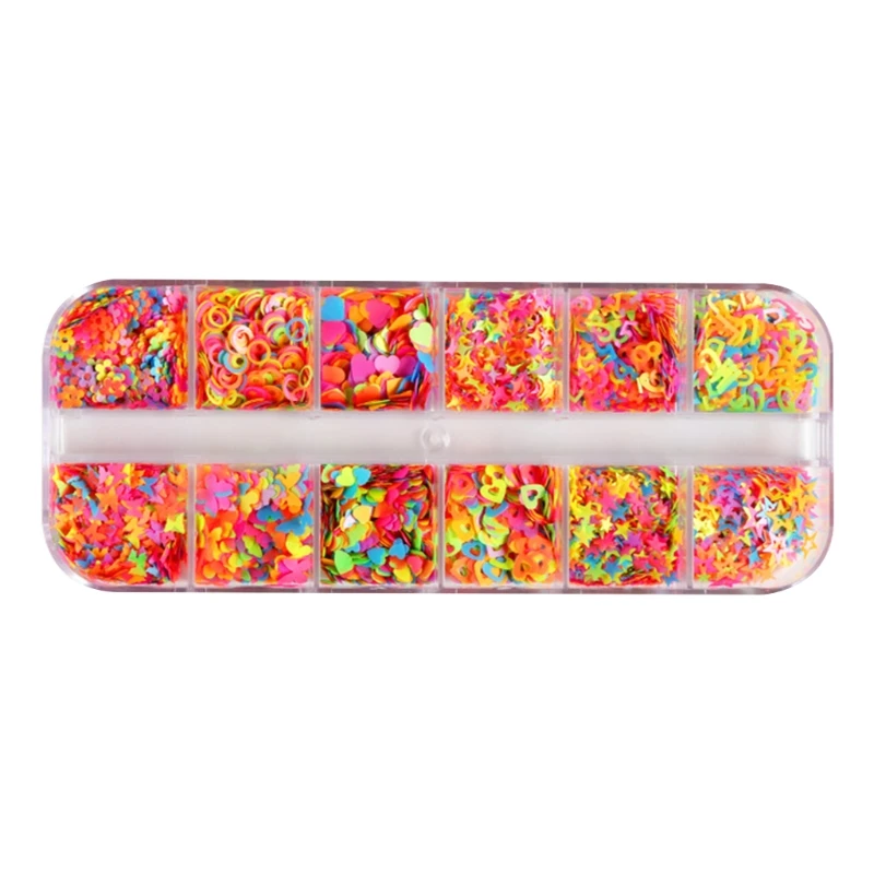 

J2FE 12 Grids/Box Fluorescence Glitter Sequins Epoxy Resin Filling Butterfly Stars Love Heart Numbers English Mixed Color