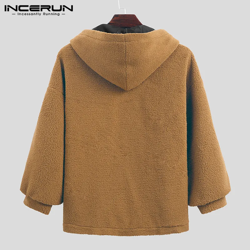 

INCERUN Winter Fashion Men Coats Faux Fleece Hooded Long Sleeve Warm Jackets 2021 Zippers Casual Solid Outerwear Mens Overcoats