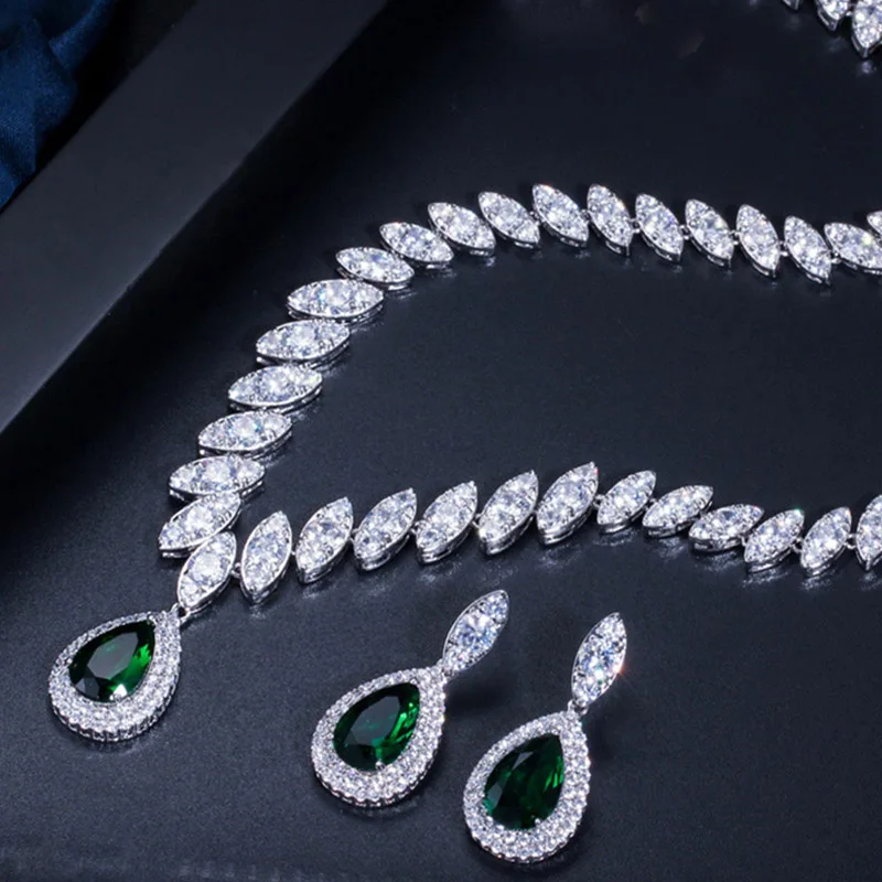 Emerald Green Pera CZ Роскошные аксессуары для невесты с кубическим цирконием, большой свадебный ювелирный набор для женщин J048 - Окраска металла: Emerald Green
