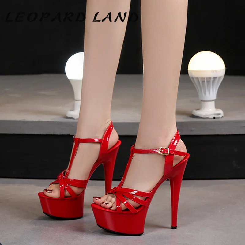 

LEOPARD LAND Model Catwalk High Heels Stiletto Sexy Platform 13 15cm Sandals Female Summer Red Crystal Shoes Woman Sandals LFD