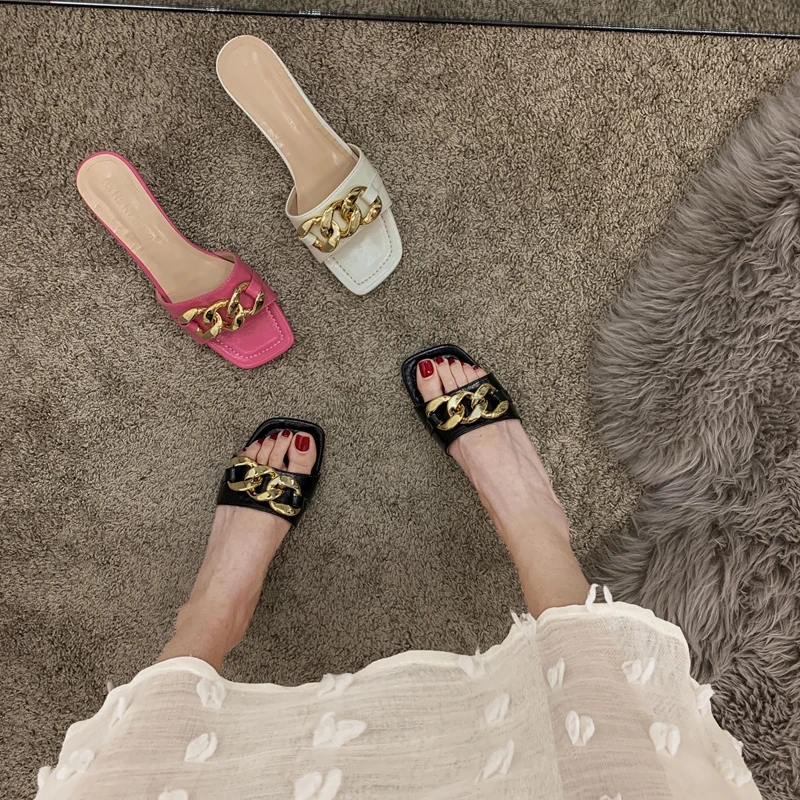 

ELLALEE Shoes Woman Brands Luxury Chain Decoration Summer Fashion Female Slippers Open Toe Mid Heel Modern Lady Shoes