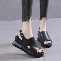 2022 summer women wedge heeled pu leather sandals cross strap korean style casual shoes ladies open toe solid buckle sandalias
