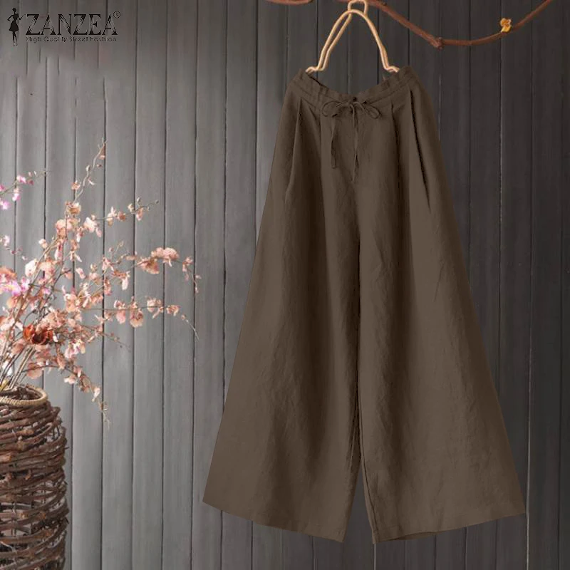 

ZANZEA, длинные брюки с эластичной резинкой на талии, винтажные широкие брюки, женские летние брюки, повседневные свободные хлопковые брюки-Па...