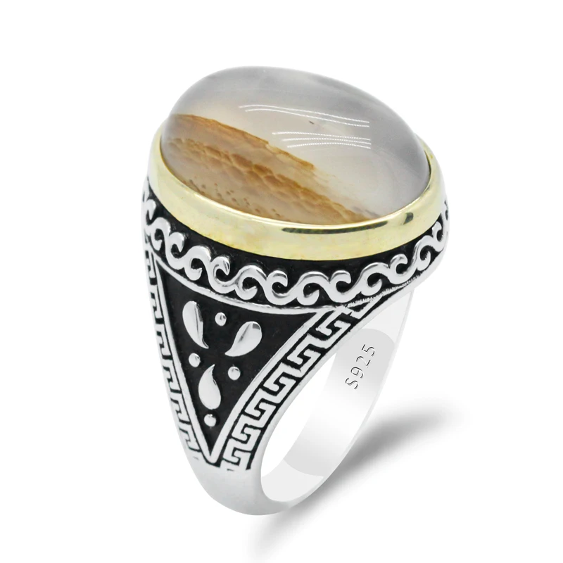 

Natural Agate Stone Pure 925 Sterling Silver Men Ring Chain Drips Plum Flower Vintage Wedding Ring Exquisite Design Fine Jewelry