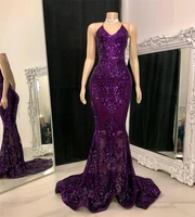 luxury sexy purple mermaid african prom dresses 2022 straps sparkly sequins evening gown wedding guest wear robes de bal