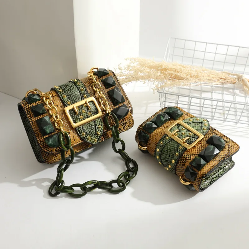 Новый сезон хит цвет серпантин драгоценный камень маленькая натуральная кожа