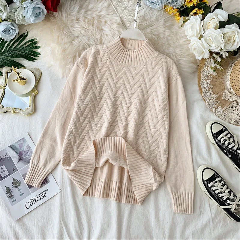 

2019 New autumn Wild Knitting Pullover sweaters High Quality Warm Female Lantern sleeve Half turtleneck sweater cc1390