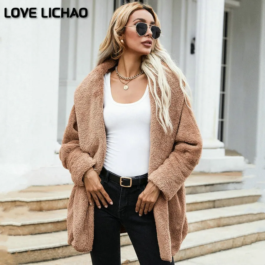 

Knitted Thick Warm Coat Women 2021 Autumn Winter New Brown Long-sleeved Double-sided Plush Coat Slim Turn-down Collar Long Coat