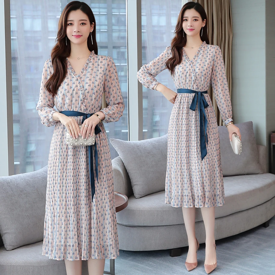 

Autumn Spring striped Print Fairy Dress Female Midi Elegant Party office Lady Dress Vintage Long Sleeve Korean Runway Vestidos