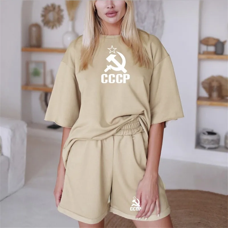 

Rus Summer Women's Casual Sports Suit Soviet Printing Cccp Russian Ussr Short T-shirt shorts sets 2 Pieces Set Tracksuit Outfits