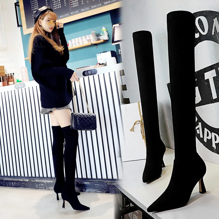 Ботфорты женские Стрейчевые выше колена на высоком каблуке зимние | Обувь