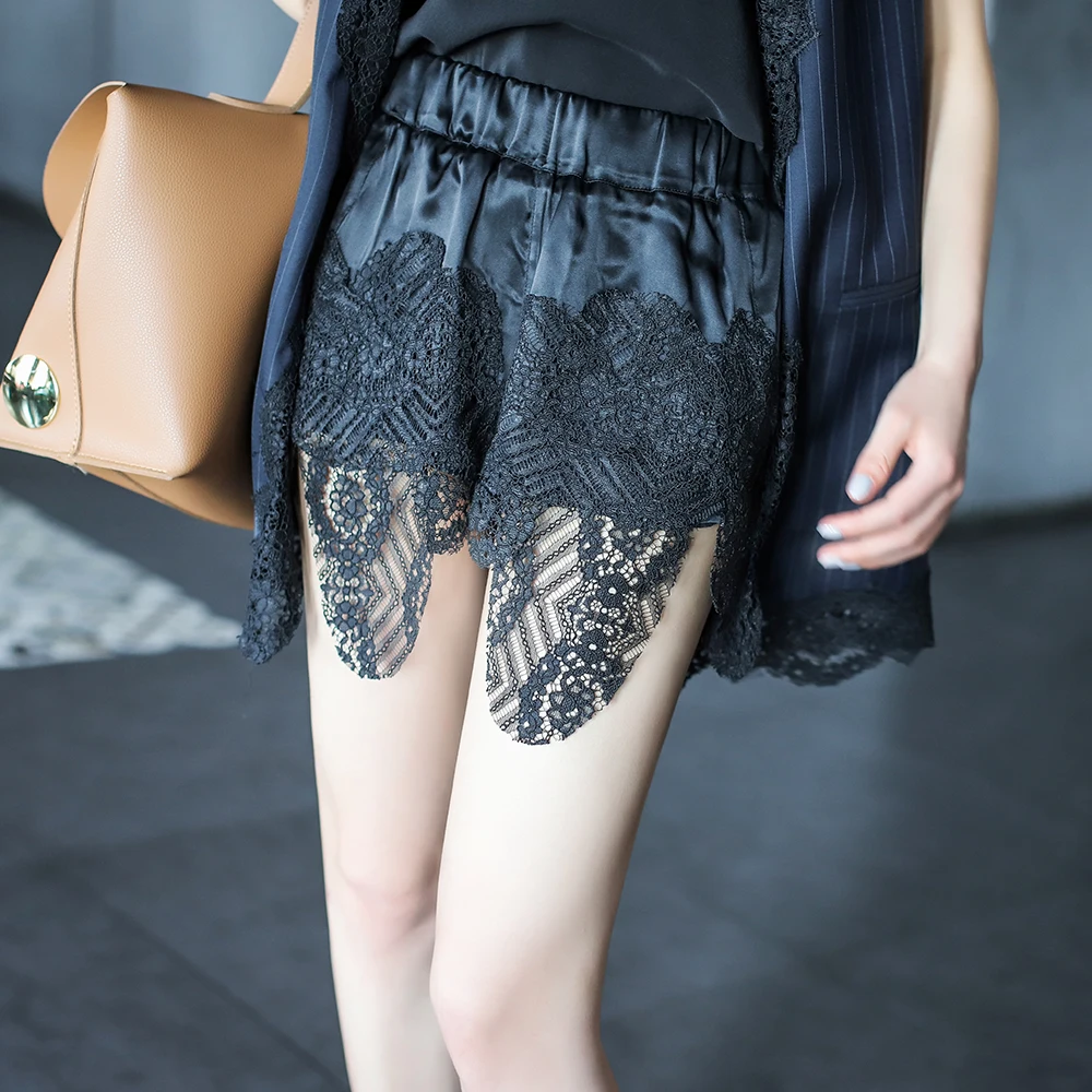 shorts Black Women's Spring silk casual pants elastic waist crepe silk high waist pants