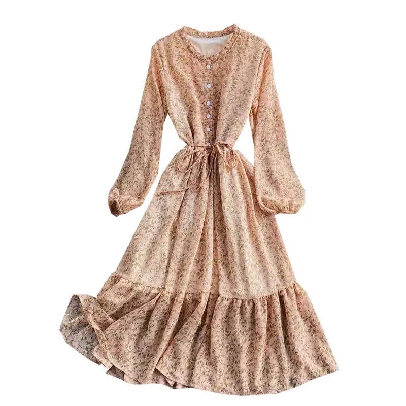 

Women French Floral Dress Sweet Puff Sleeve O Neck Lace up A-line Dresses Autumn Bohemian Print Ruffles Holiday Dress