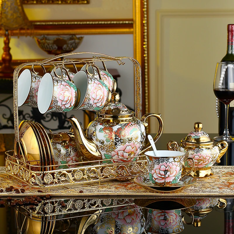 

21piece-set,peony bone china coffee cup set, european vintage tea cup, tea kettle, coffee teapot and tea cup and saucer set
