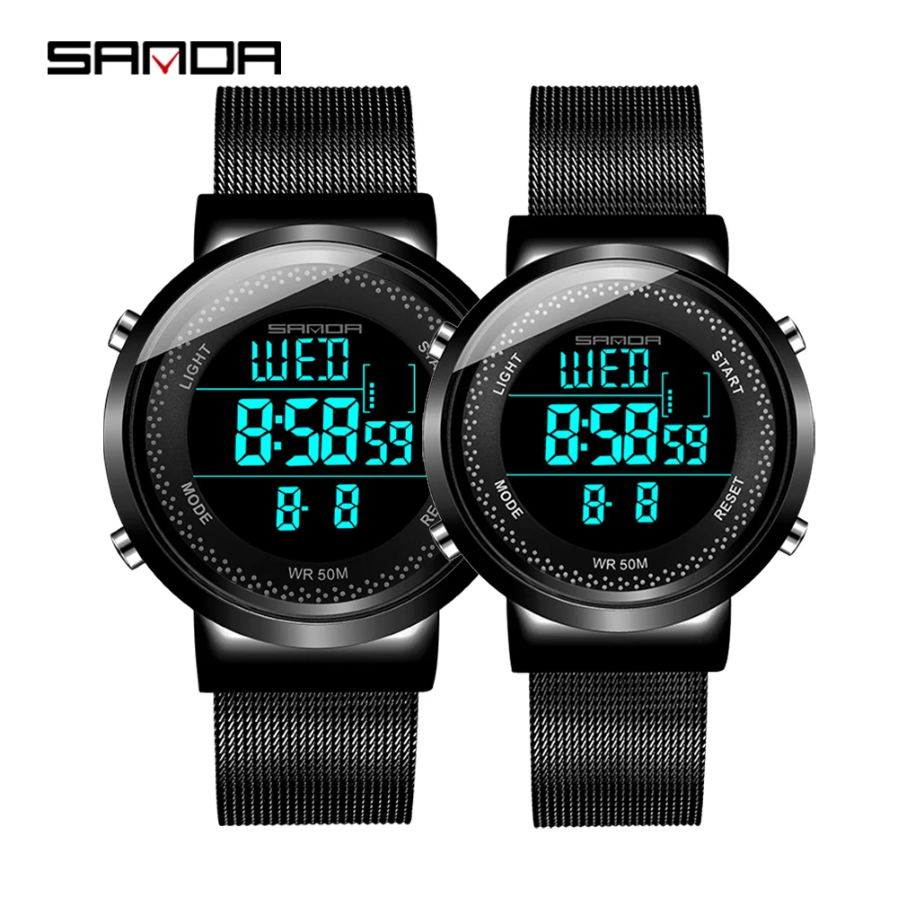SANDA Luxury Brand New Black Mesh Belt Men's Electronic Watch Simple Trend 50M Waterproof Wristwatches Women Couple Watches
