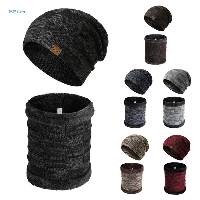 

Мужской уличный вязаный комплект из 2 предметов с флисовой подкладкой, сохраняющий тепло, с рукавом и шеей