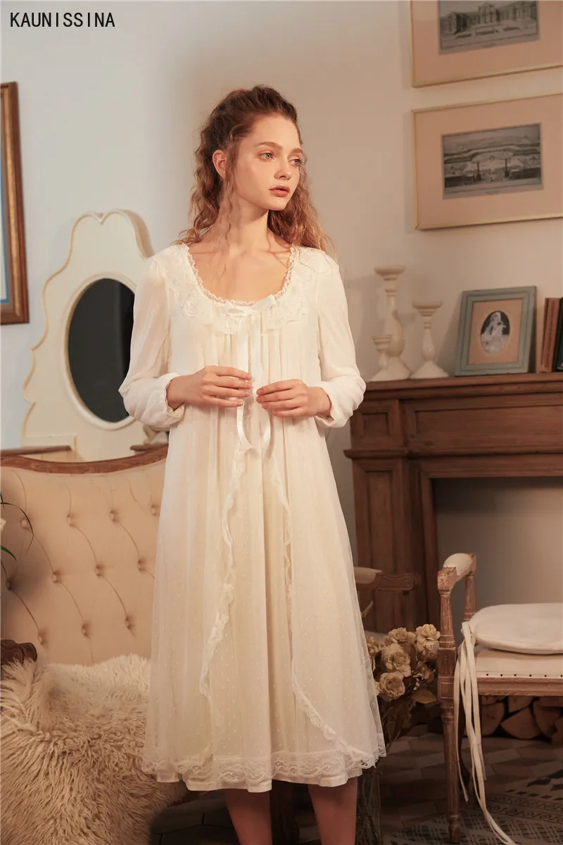 

Women Night Dress Cotton Nightgown Sexy Romantic Nightdress Long Sleeve Lace Princess Style Home Dress Female Sleepwear