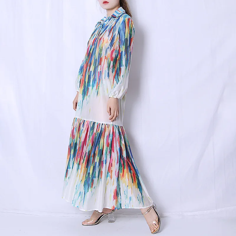 

Rainbow Printing Women Colorful Party Dress Long Sleeved Turn Down Collar Big Rufflus Plus Size Dress Female vestidos