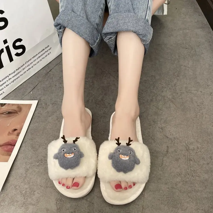 New Autumn and Winter Household Ladies Cotton Slippers Cute Animal Decoration Comfortable Slippers Female Furry Slippers Female