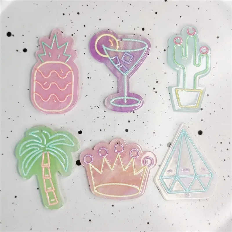 50pcs/lot color Relief pattern print cartoon Tree cactus pineapple wine glass shape acrylic beads diy jewelry earring accessory