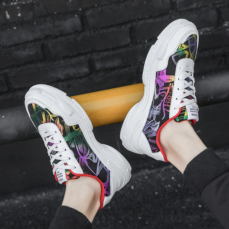 

Sneakers Men Running Shoes Running Light Damping Thick Bottom Wear Outdoor Leisure Trend Graffiti Lace-up Canvas Shoes Men Shoes