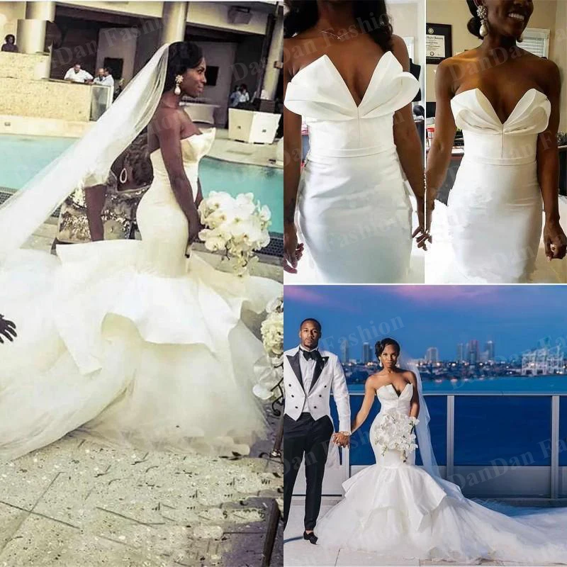 

2021 Sexy V-neck Plus Size Ruffles Arabic Design Mermaid Wedding Dresses Cathedral Train Tulle Trumpet African Bridal Gowns