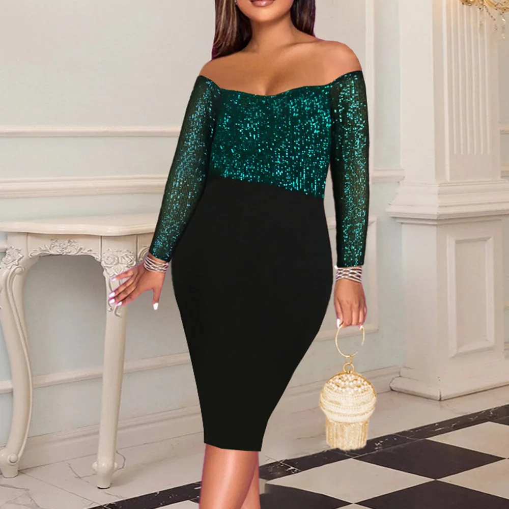 

Платье женское с открытыми плечами, пикантное вечернее облегающее с длинным рукавом, до середины икры, в вечерние ле пэчворк, с завышенной т...