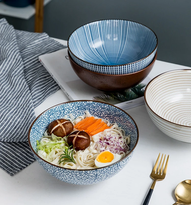 8 дюймов Японская чаша Ramen керамическая миска для лапши дизайн в полоску большая суповая миска для ресторана Бытовая ретро-емкость столовая посуда