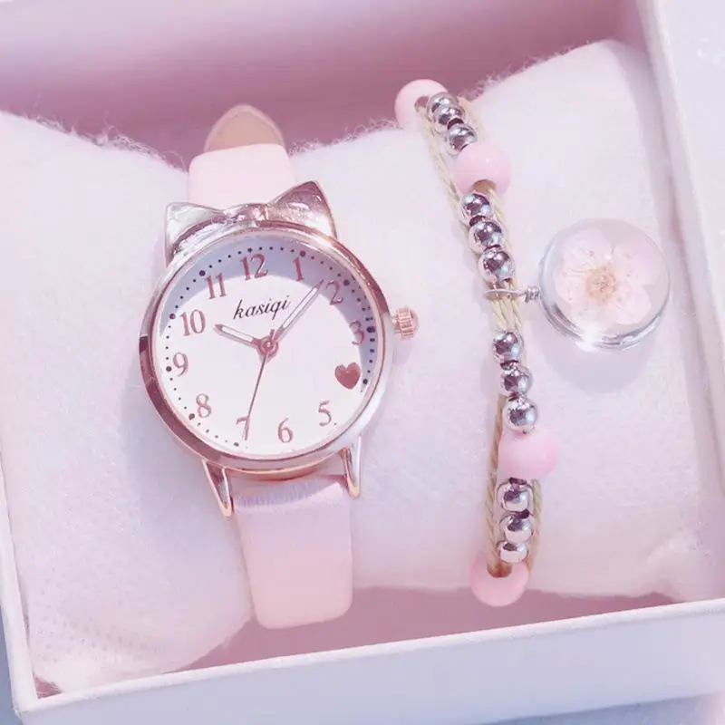 Топ бренд милые часы женские кожаные набор с браслетом роскошные стильные