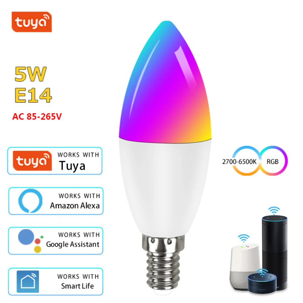 

Wifi Smart Light Bulb E14 Candle Lamp RGB+CW+WW 5W 7W 9W Tuya Smart Life APP Voice Control Compatible Alexa Google Home Dimmable