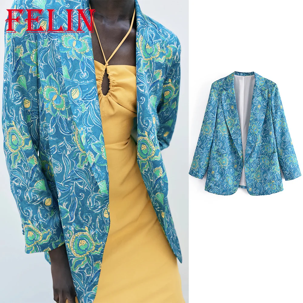 Женский офисный пиджак Za синий винтажный с цветочным принтом и длинными рукавами