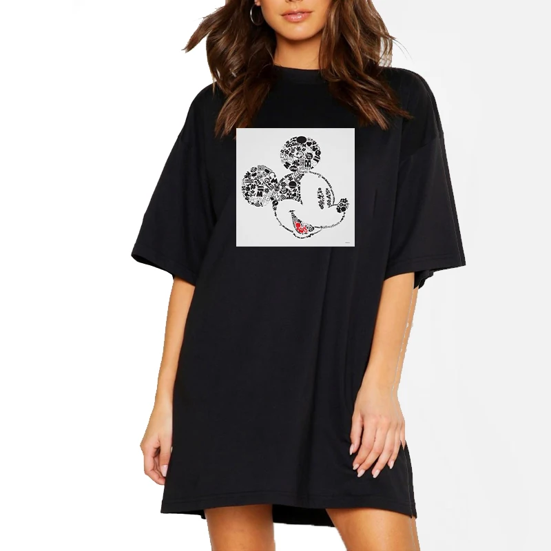 

Summer Tshirt Dresses Casual Lady Leopard Mickey Cartoon Mini Dress Short Sleeve Casual Loose Black Harajuku Robes Vestido 2021