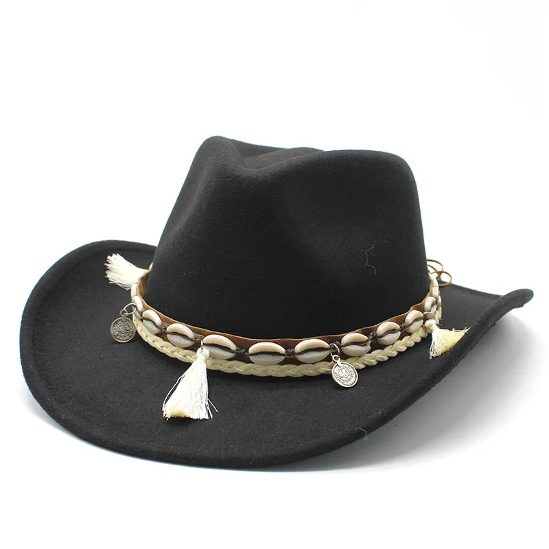 

Ethnic Style Cowboy Hat Men Women Wide Brim Fedora Black Felt Autumn Jazz Cap Four Seasons Western Cowgirl Cap With Decoration