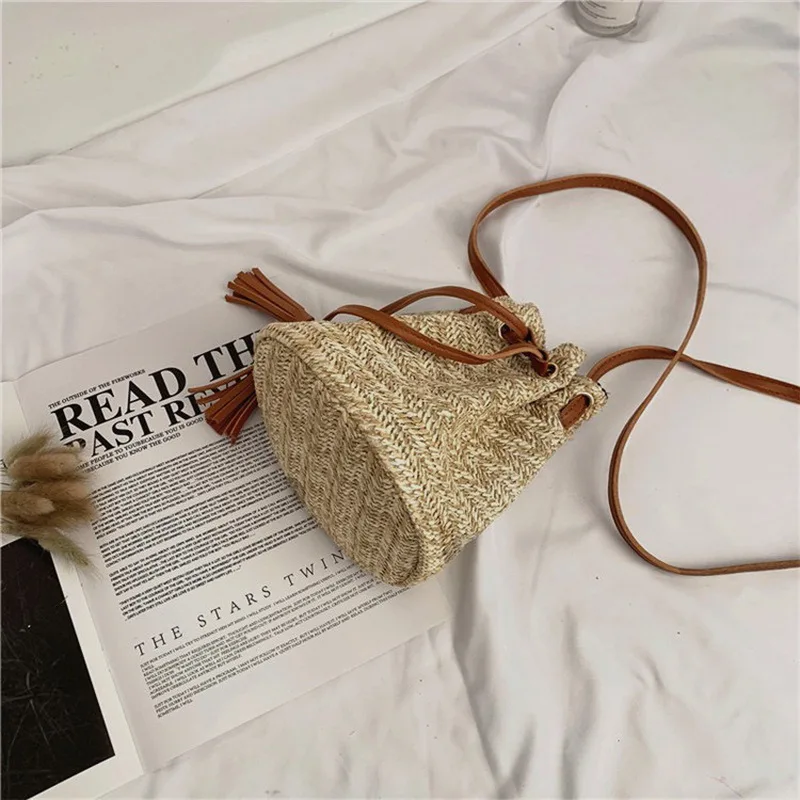 

2021 Woven Rattan Bag Bucket bag Straw Shoulder Bag Small Beach HandBags Women Summer Hollow Handmade Messenger Crossbody Bags