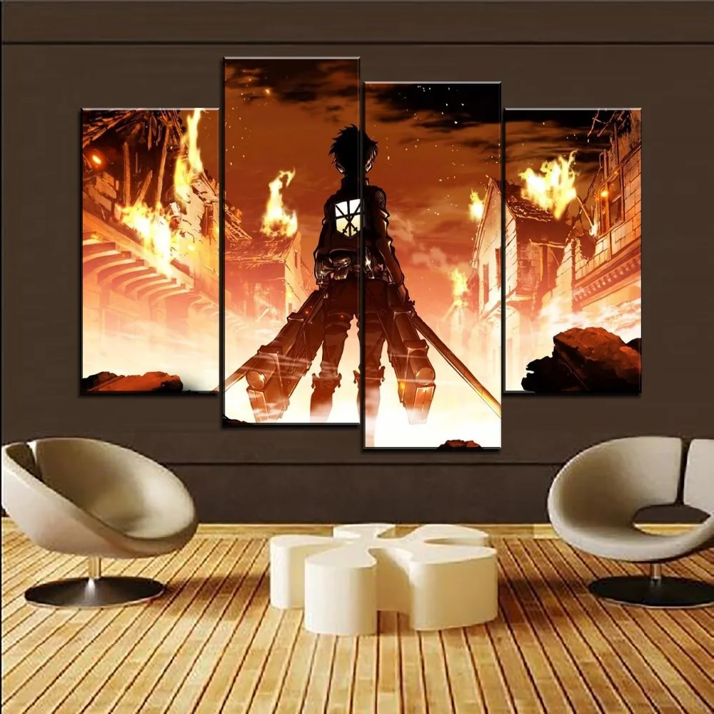 Современный минималистичный настенный арт 4 панели аниме атака гигантская