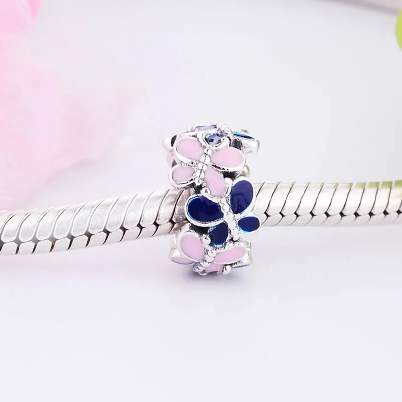 _ Серебряная бабочка 6 мм розовая темно синяя эмалированная лампворк разделитель