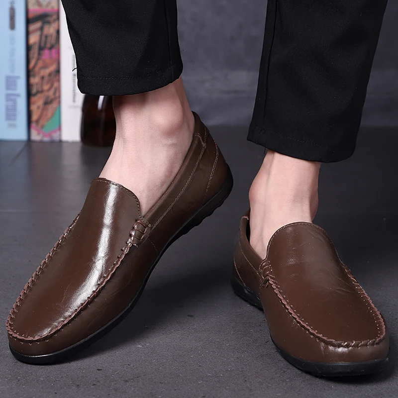 Туфли мужские кожаные без застежки дышащие лоферы плоская подошва Мокасины