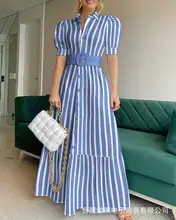 Robe chemise rayée à manches bouffantes pour femmes  (4)